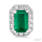 5x3 MM Octagonal Shape Emerald and 1/8 Ctw Single Cut Diamond Halo Precious Stud Earrings in 14K White Gold