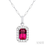 6x4 MM Octagonal Shape Pink Tourmaline and 1/6 Ctw Round Cut Diamond Halo Semi-Precious Pendant with Chain in 14K White Gold