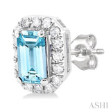 5x3 MM Octagonal Shape Aquamarine and 1/8 Ctw Single Cut Diamond Halo Semi-Precious Stud Earrings in 14K White Gold