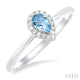 5x3 MM Pear Shape Aquamarine and 1/20 Ctw Single Cut Diamond Halo Semi-Precious Ring in 14K White Gold
