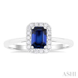 6x4 MM Octagonal Shape Sapphire and 1/6 Ctw Round Cut Diamond Halo Precious Ring in 10K White Gold