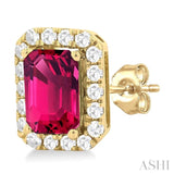 6x4 MM Octagonal Shape Pink Tourmaline and 1/4 Ctw Round Cut Diamond Halo Semi-Precious Stud Earrings in 10K Yellow Gold