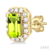 5x3 MM Octagonal Shape Peridot and 1/8 Ctw Single Cut Diamond Halo Semi-Precious Stud Earrings in 14K Yellow Gold