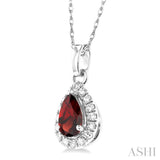 5x3 MM Pear Shape Garnet and 1/20 Ctw Single Cut Diamond Halo Semi-Precious Pendant with Chain in 14K White Gold