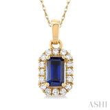 5x3 MM Octagonal Shape Sapphire and 1/20 Ctw Single Cut Diamond Halo Precious Pendant with Chain in 14K Yellow Gold