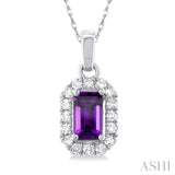 5x3 MM Octagonal Shape Amethyst and 1/20 Ctw Single Cut Diamond Halo Semi-Precious Pendant with Chain in 14K White Gold