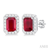 6x4 MM Octagonal Shape Ruby and 1/4 Ctw Round Cut Diamond Halo Precious Stud Earrings in 14K White Gold