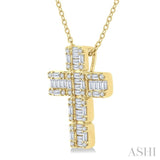 1/2 Ctw Fusion Baguette and Round Cut Diamond Cross Fashion Pendant With Chain in 14K Yellow Gold
