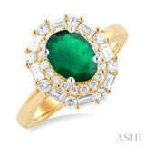 7x5 MM Oval Cut Emerald and 5/8 Ctw Baguette & Round Cut Diamond Halo Precious Ring in 14K Yellow and White Gold