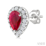 5x3 MM Pear Shape Ruby and 1/8 Ctw Single Cut Diamond Halo Precious Stud Earrings in 10K White Gold