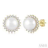 5.5 MM Round Shape Cultured Pearls and 1/6 Ctw Petite Sunflower Round Cut Diamond Fashion Stud Earring in 10K Yellow Gold