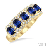4x3 MM Emerald Shape Sapphire and 1/2 Ctw Round Cut Diamond Precious Wedding Band in 14K Yellow Gold