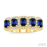 4x3 MM Emerald Shape Sapphire and 1/2 Ctw Round Cut Diamond Precious Wedding Band in 14K Yellow Gold