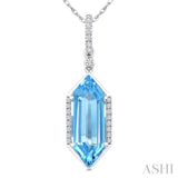 16X6 MM Hexagon Shape Blue Topaz and 1/10 Ctw Round Cut Diamond Semi-Precious Pendant With Chain in 10K White Gold