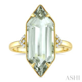 22X8 MM Hexagon Shape Green Amethyst and 1/20 Ctw Round Cut Diamond Semi-Precious Ring in 14K Yellow Gold