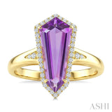 16X7 MM Shield Shape Amethyst and 1/6 Ctw Round Cut Diamond Semi-Precious Ring in 10K Yellow Gold