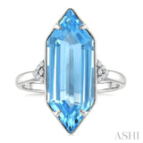22X8 MM Hexagon Shape Blue Topaz and 1/20 Ctw Round Cut Diamond Semi-Precious Ring in 14K White Gold