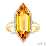 22X8 MM Hexagon Shape Citrine and 1/4 Ctw Round Cut Diamond Semi-Precious Ring in 14K Yellow Gold