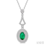 6X4 MM Oval Shape Emerald and 1/5 Ctw Round Cut Diamond Precious Pendant With Chain in 14K White Gold