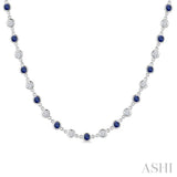 2.85 MM Round Shape Sapphire and 2 5/8 Ctw Bezel Set Round Cut Diamond Precious Station Necklace in 14K White Gold