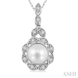 6.5 MM Cultured Pearl and 1/10 Ctw Round Cut Diamond Pendant in 10K White Gold with Chain