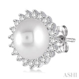 7x7 MM Round Shape Cultured Pearls and 1/4 Ctw Round Cut Diamond Earrings in 14K White Gold