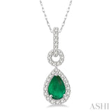 6x4 MM Pear Cut Drop Emerald and 1/6 Ctw Round Cut Diamond Precious Pendant in 10K White Gold with chain