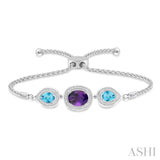 10x8 MM Oval Shape Amethyst & 7x5 MM Pear Shape Blue Topaz and 1/20 Ctw Round Diamond 3Stone Sterling Silver Lariat Bracelet