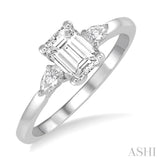3/4 Ctw Octagon Emerald and Pear Cut Diamond Ladies Engagement Ring with 1/2 Ct Emerald Cut Center Stone in 14K White Gold