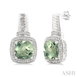 8x8 MM Cushion Shape Green Amethyst and 1/20 Ctw Single Cut Diamond Earrings in Sterling Silver