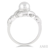7 MM Round Shape Center Cultured Pearl and 1/10 ctw Round Cut Diamond Twisted Swirl Ring in 10K White Gold