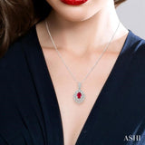 6x4 MM Oval Cut Ruby and 1/8 Ctw Lattice Round Cut Diamond Precious Pendant With Chain in 10K White Gold
