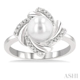 7x7 MM Round Shape Cultured Pearl and 1/50 Ctw Swirl Round Cut Diamond Ring in Sterling Silver