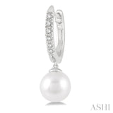6 MM Round Shape Cultured Pearls and 1/8 Ctw Round Cut Diamond Drop Petite Huggie Earrings 14K White Gold