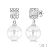 6 MM Cultured Pearls and 1/10 Ctw Baguette and Single Cut Diamond Earrings in 14K White Gold