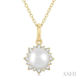 6 MM Round Shape Cultured Pearl and 1/10 Ctw Petite Sun Round Cut Diamond Fashion Pendant With Chain in 10K Yellow Gold