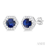 3.5 MM Round Sapphire and 1/10 Ctw Single Cut Diamonds Halo Precious Stud Earrings in 10K White Gold