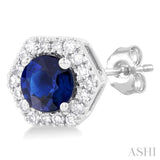 3.5 MM Round Sapphire and 1/10 Ctw Single Cut Diamonds Halo Precious Stud Earrings in 10K White Gold