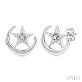 1/10 Ctw Petite Crescent Moon and Star Round Cut Diamond Fashion Stud Earring in 10K White Gold