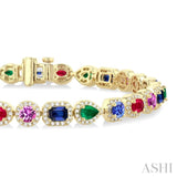 4X3 MM & 4 MM Mixed Shape Gemstone and 1 1/3 Ctw Round Cut Halo Diamond Bracelet in 14K Yellow Gold