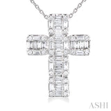 1/2 Ctw Fusion Baguette and Round Cut Diamond Cross Fashion Pendant With Chain in 14K White Gold