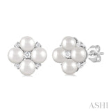 4 MM Round Shape Floral Cultured Pearls and 1/10 Ctw Round Cut Diamond Fashion Stud Earring in 10K White Gold