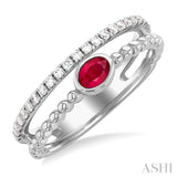 4x3 MM Oval Shape Ruby and 1/5 Ctw Single Cut Diamonds Precious Fashion Split Twin Ring in 10K White Gold