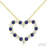 2.3 MM Round Cut Sapphire and 1/2 Ctw Open Heart Round Cut Diamond Precious Fashion Pendant With Chain in 14K Yellow Gold