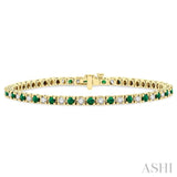 2.5 MM Emerald and 1 1/2 Ctw Round Cut Diamond Square Box Link Precious Tennis Bracelet in 14K Yellow Gold