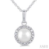 5 MM Cultured White Pearl and 1/20 Ctw Single Cut Diamond Halo Pendant With Chain in 14K White Gold