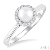 5 MM White Cultured Pearl and 1/20 Ctw Round Cut Diamond Halo Ring in 14K White Gold