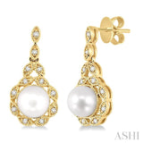 6X6 MM Round Shape Cultured Pearl and 1/8 Ctw Cutwork Marquise Round Cut Diamond Fashion Earring in 14K Yellow Gold