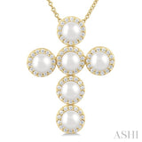 4 MM Cross Cultured Pearl and 1/3 Ctw Round Cut Diamond Fashion Pendant With Chain in 14K Yellow Gold