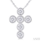 1/2 Ctw Round Cut Diamond 6-Stone Bezel Set Cross Pendant With Chain in 14K White Gold